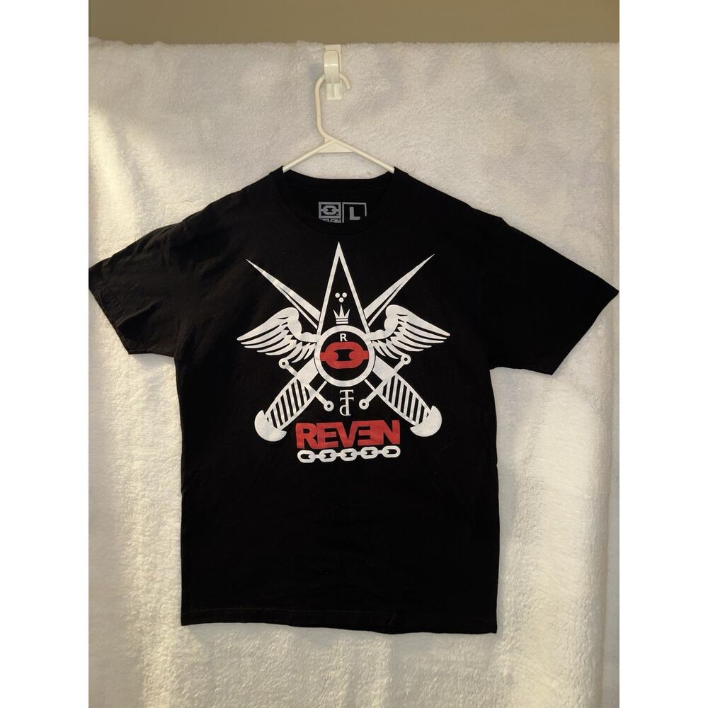 REVEN Graphic T Shirt Mens L Black‎ Streetwear Wing Crest Chain Logo Tee